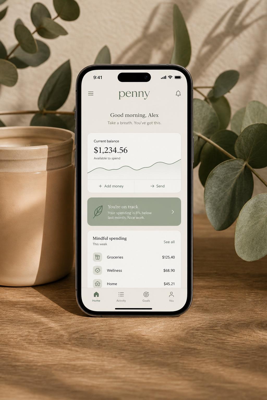 penny mobile app preview on a wooden desk with eucalyptus