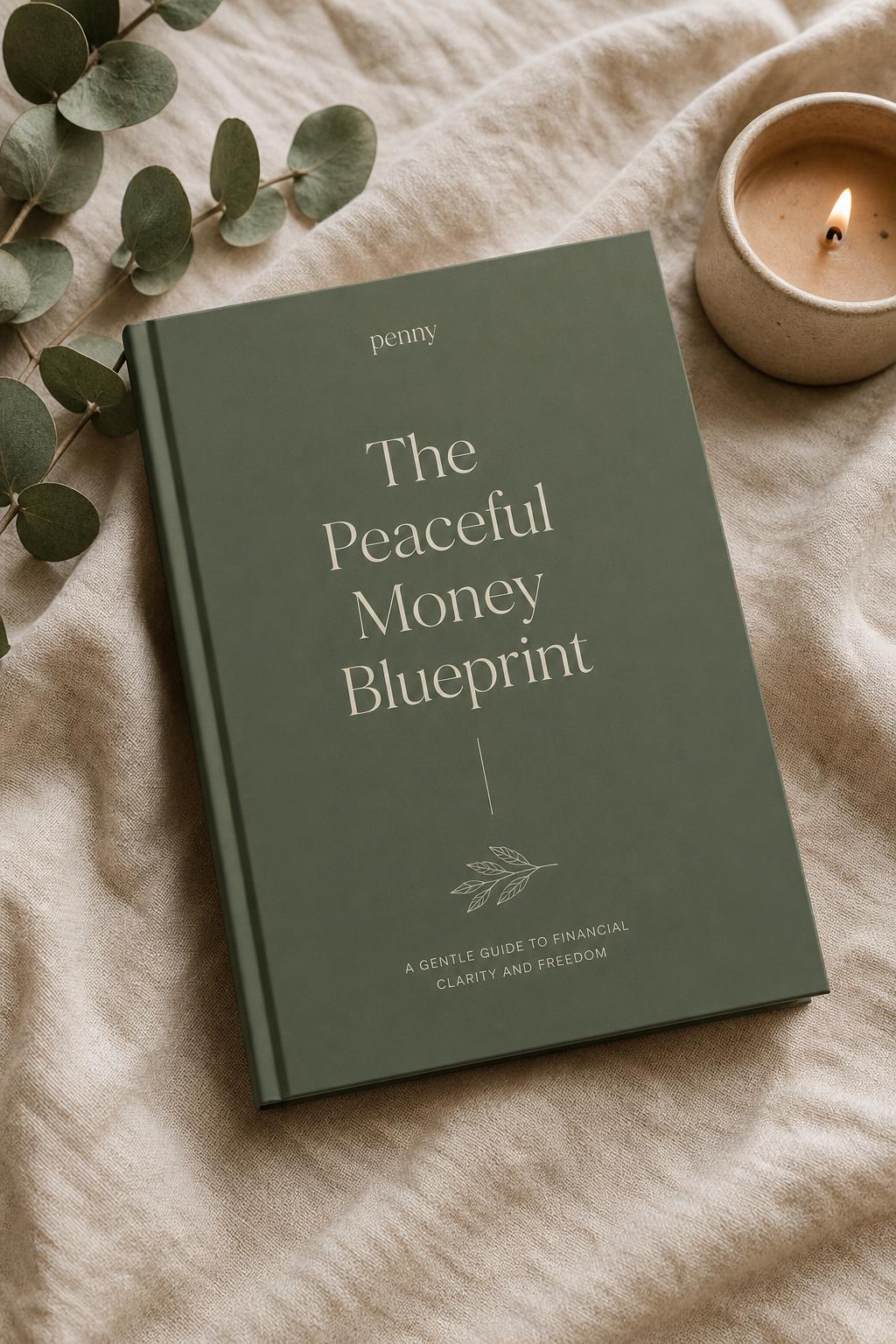 The Peaceful Money Blueprint ebook cover with eucalyptus and candle