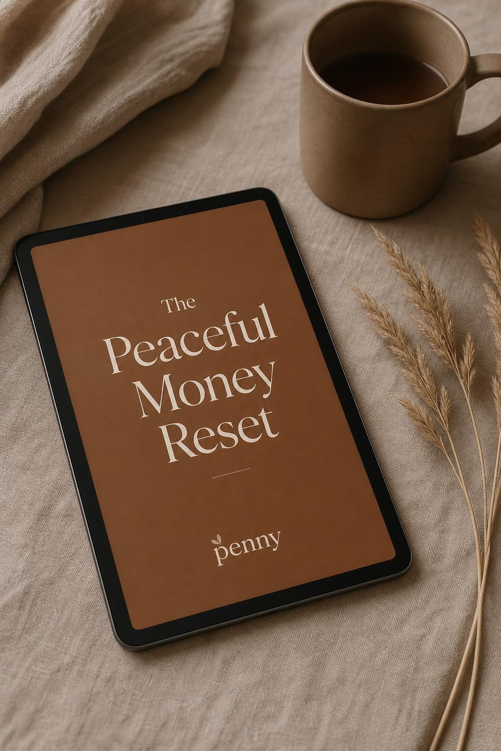 The Peaceful Money Reset on a tablet with mocha mug and pampas