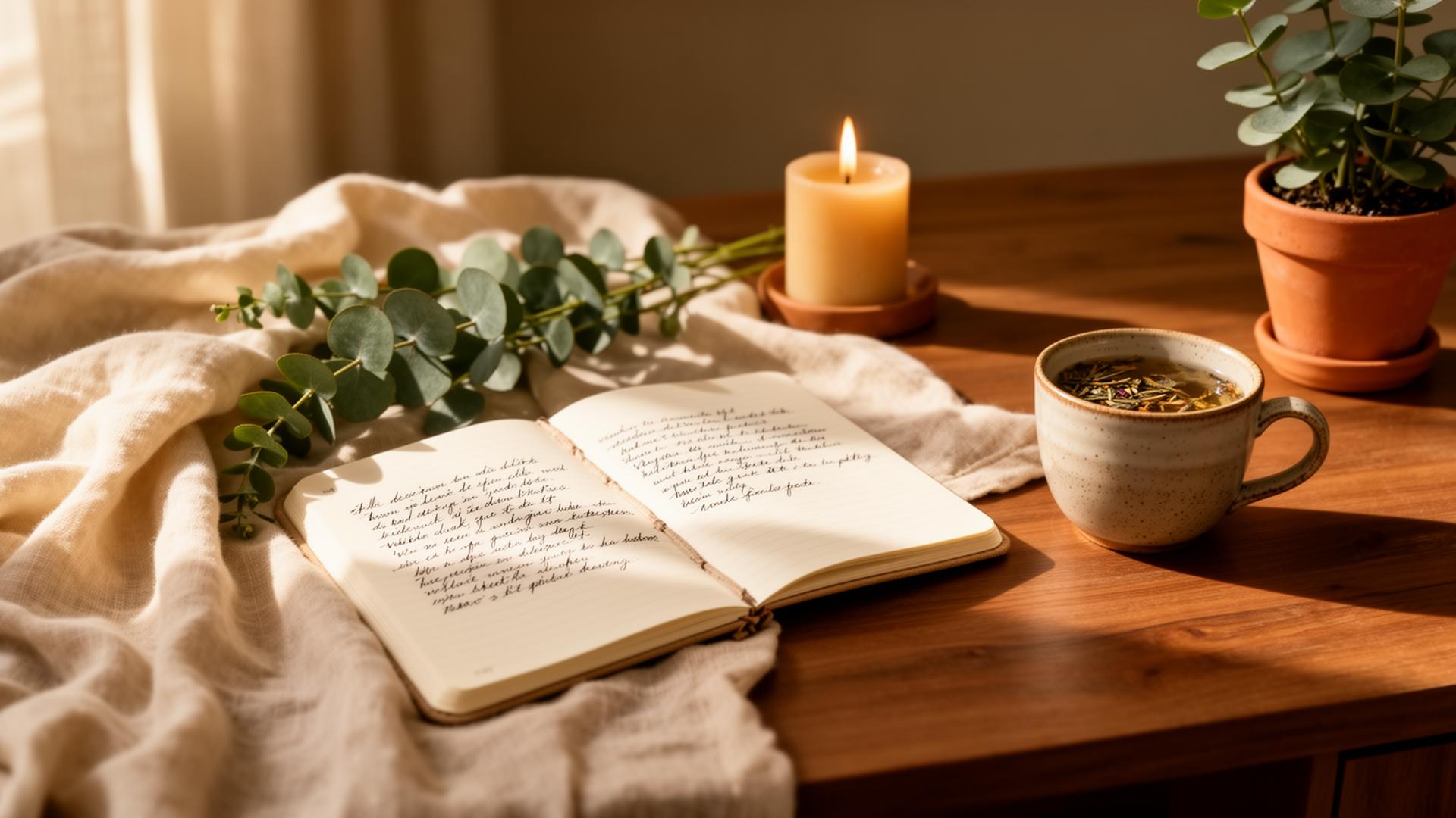 Peaceful cozy home office with journal, tea, eucalyptus and a candle in warm morning light