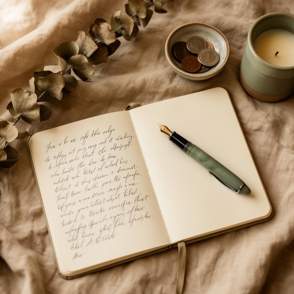 Open journal with fountain pen, eucalyptus, candle and a small dish of coins