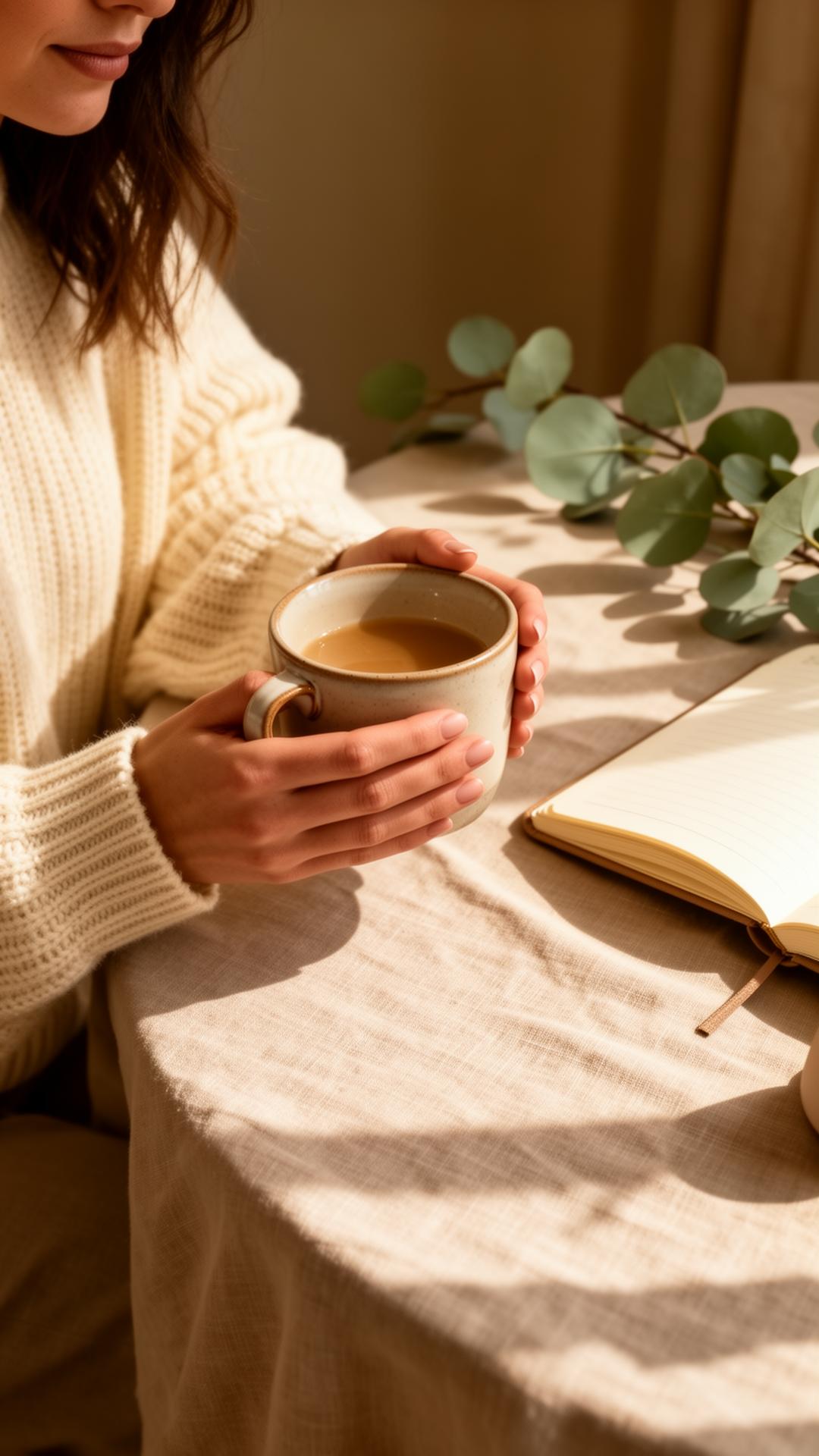 Woman in cream knit sweater holding a warm mug, eucalyptus and journal nearby