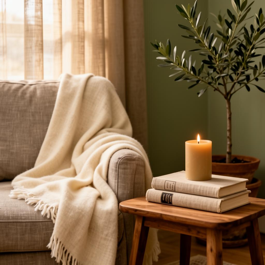 Peaceful linen-upholstered chair with cream throw, candle on stacked books and an olive plant